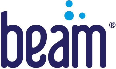 The image shows the word beam in lowercase dark blue letters with three blue dots of varying sizes above the letters a and m, and a registered trademark symbol to the right.