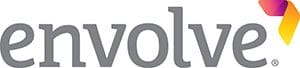 The image shows the word envolve in gray lowercase letters, with a multicolored abstract shape featuring purple, orange, and yellow hues to the upper right of the letter e.